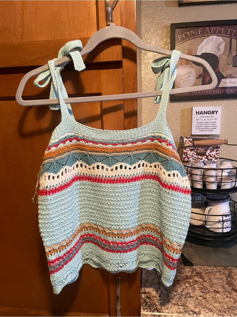 POL Crochet Knit Tie-Strap Tank Top in Light Blue, Cream, Red, Tan